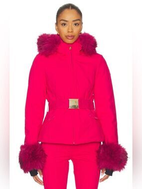 Goldbergh Giselle Belted Ski Jacket with Faux Fur Border Italian Rose Pink NWT 4